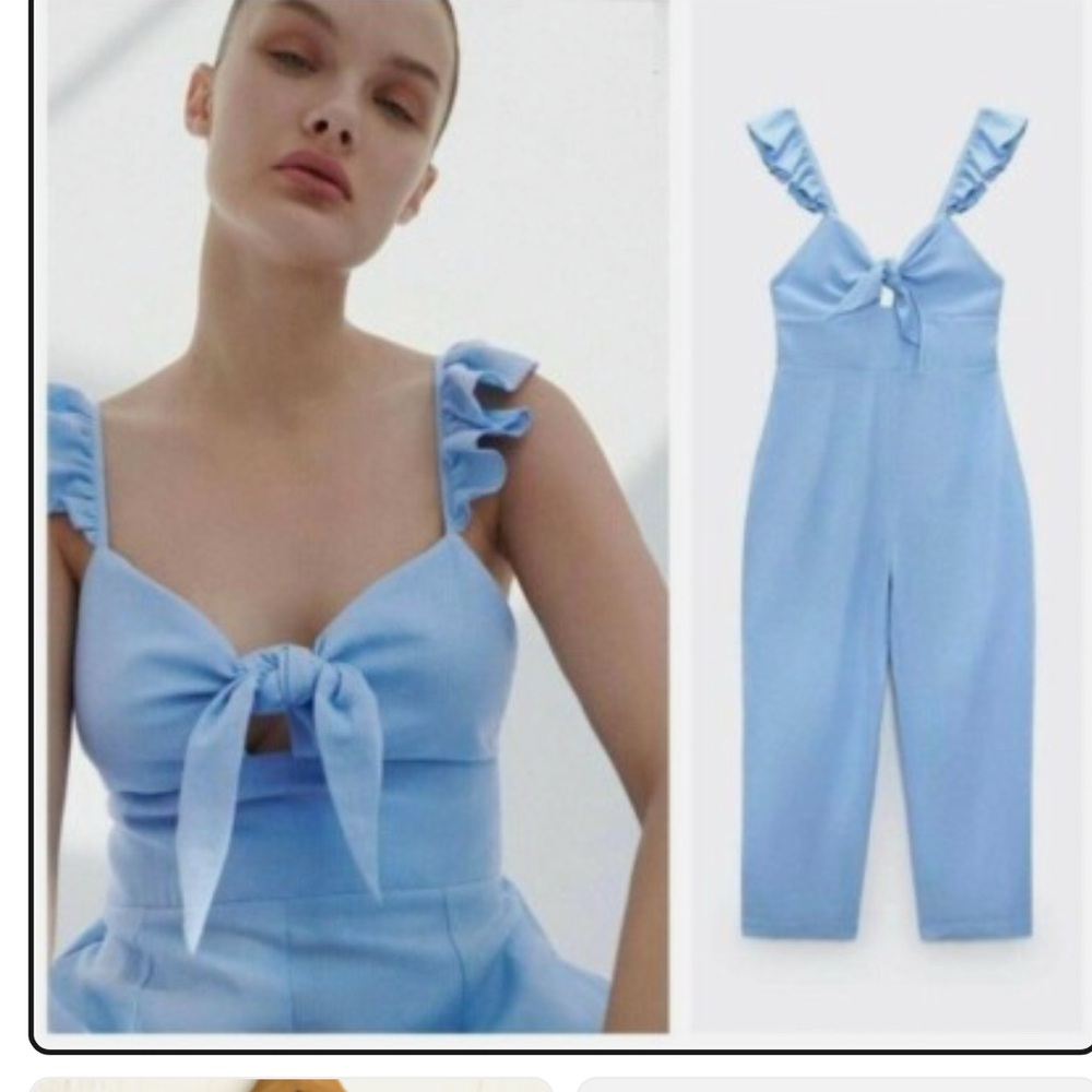 Zara Sky Blue Ruffle Strap Jumpsuit